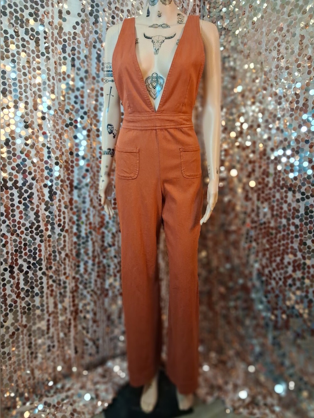 Plunging Neckline Wide-Leg Jumpsuit in Rust Orange Sexy Disco Barbie